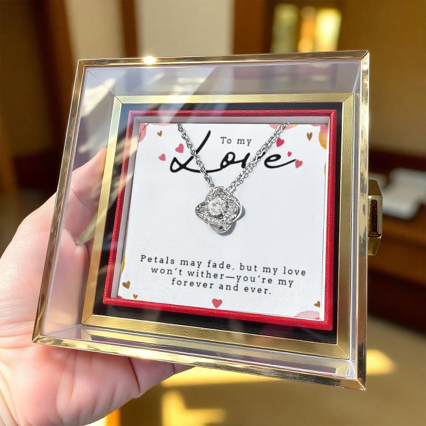 Love Knot with Rotating Rose Gift Box - 14k white gold finish 6mm round cut cubic zirconia stone