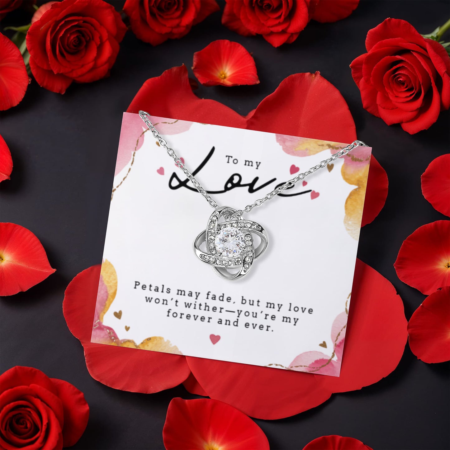 Love Knot with Rotating Rose Gift Box - 14k white gold finish 6mm round cut cubic zirconia stone
