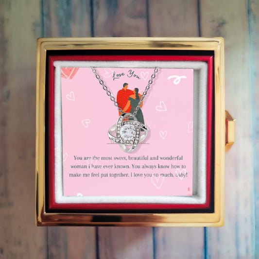 14k white gold Love Knot Necklace with Pendant and Rotating Rose Gift Box