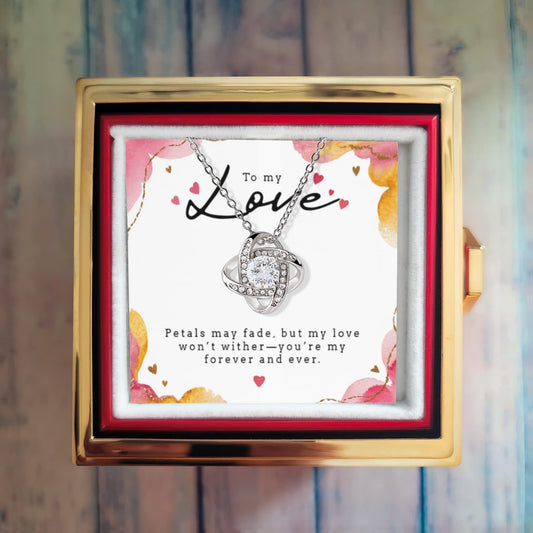 Love Knot with Rotating Rose Gift Box - 14k white gold finish 6mm round cut cubic zirconia stone