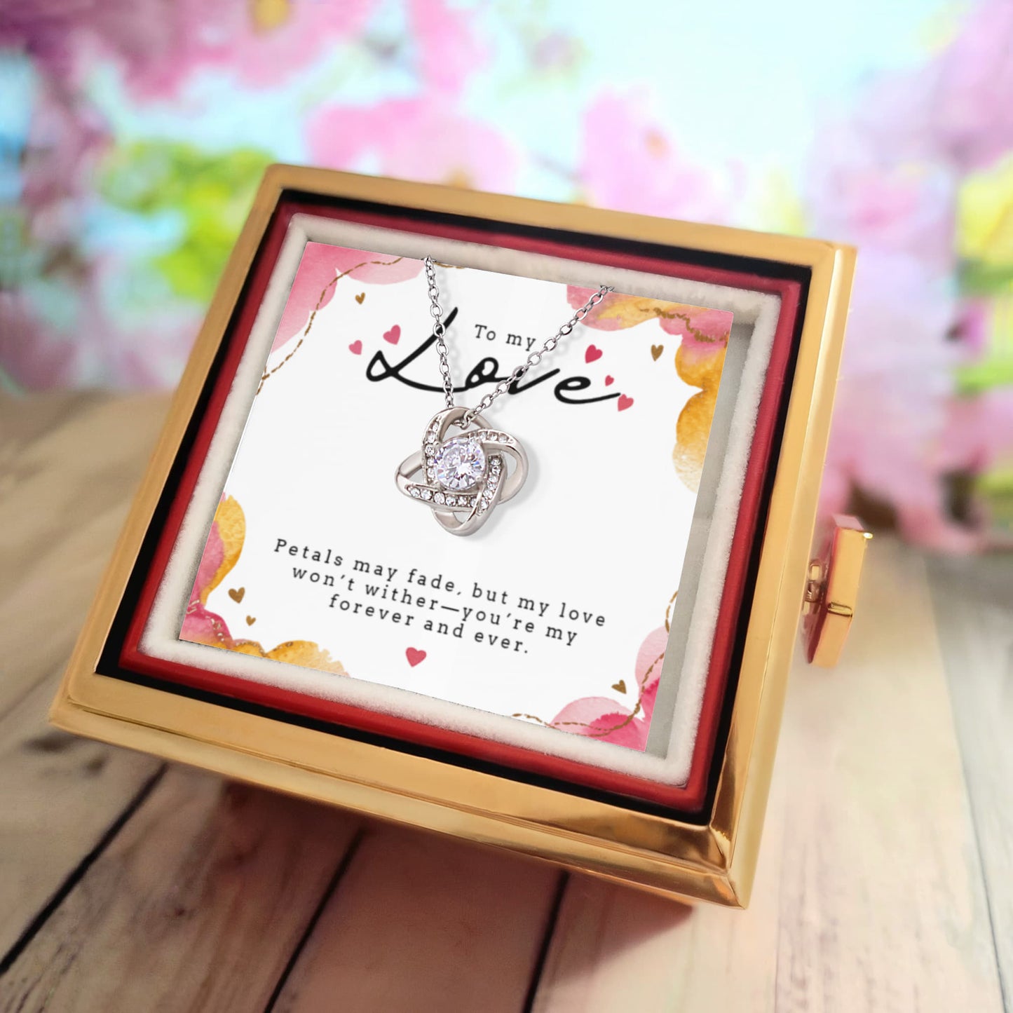 Love Knot with Rotating Rose Gift Box - 14k white gold finish 6mm round cut cubic zirconia stone