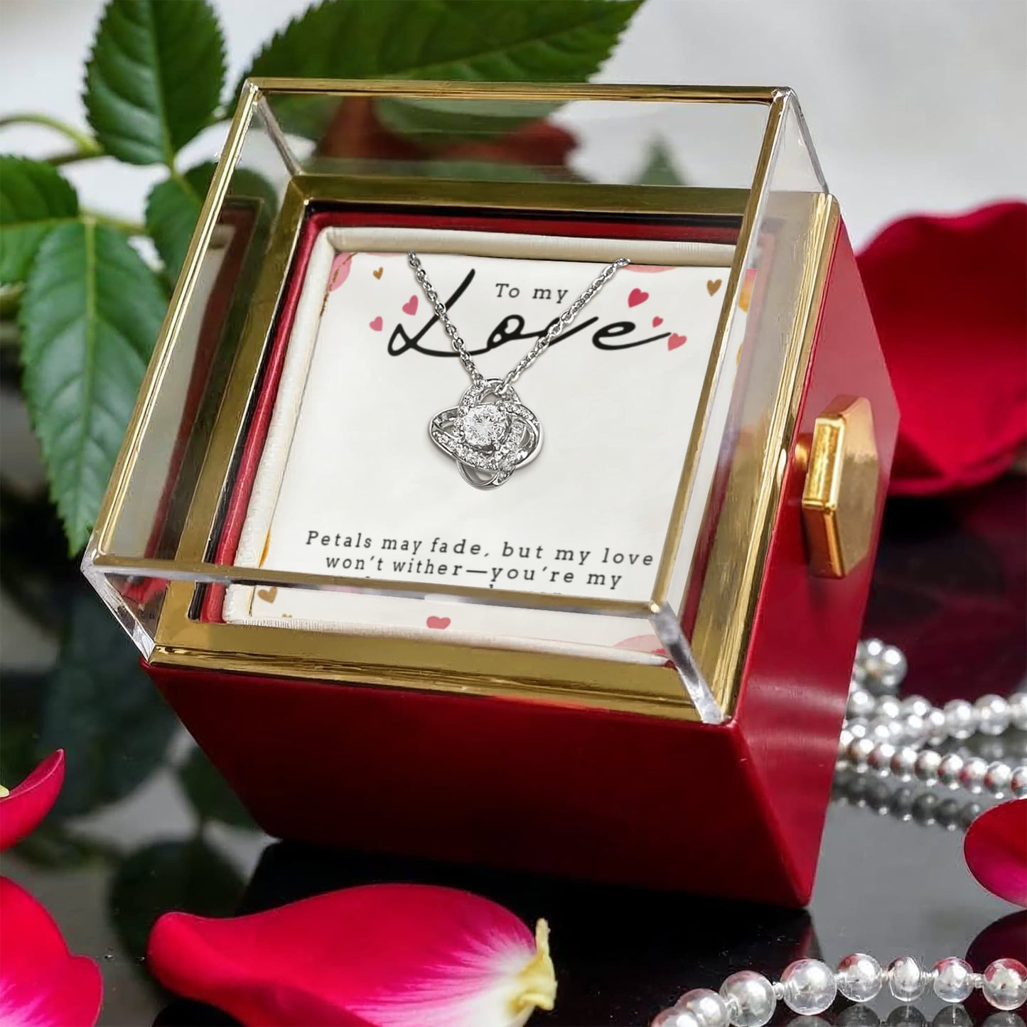 Love Knot with Rotating Rose Gift Box - 14k white gold finish 6mm round cut cubic zirconia stone